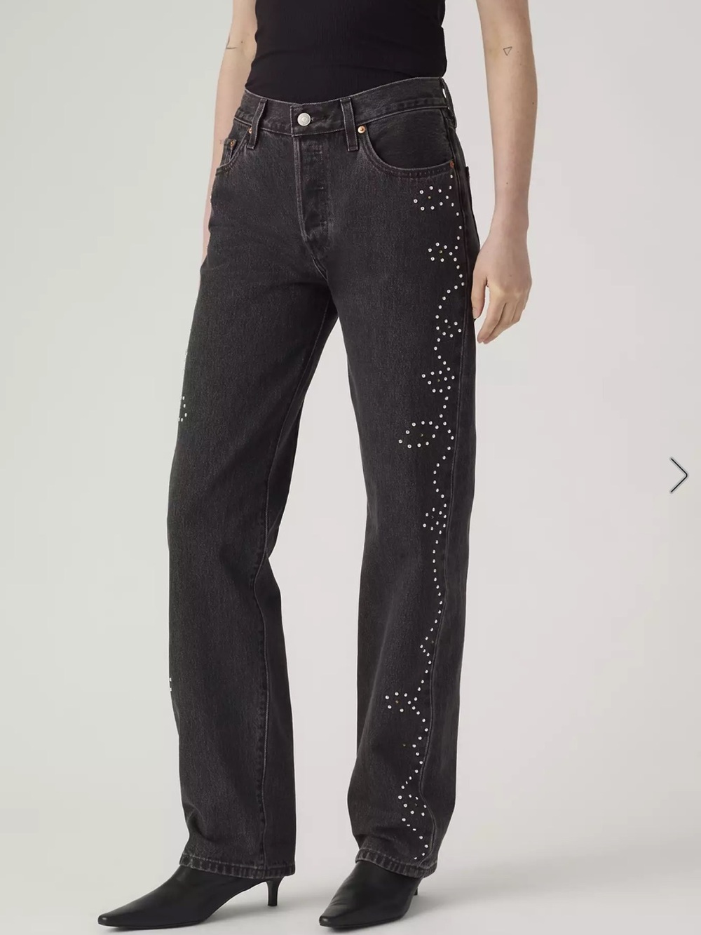 LEVI’S 501 90S BEJEWELED BLACK EMBELLISHED WOMEN'S STRAIGHT LEG JEANS W33 L30